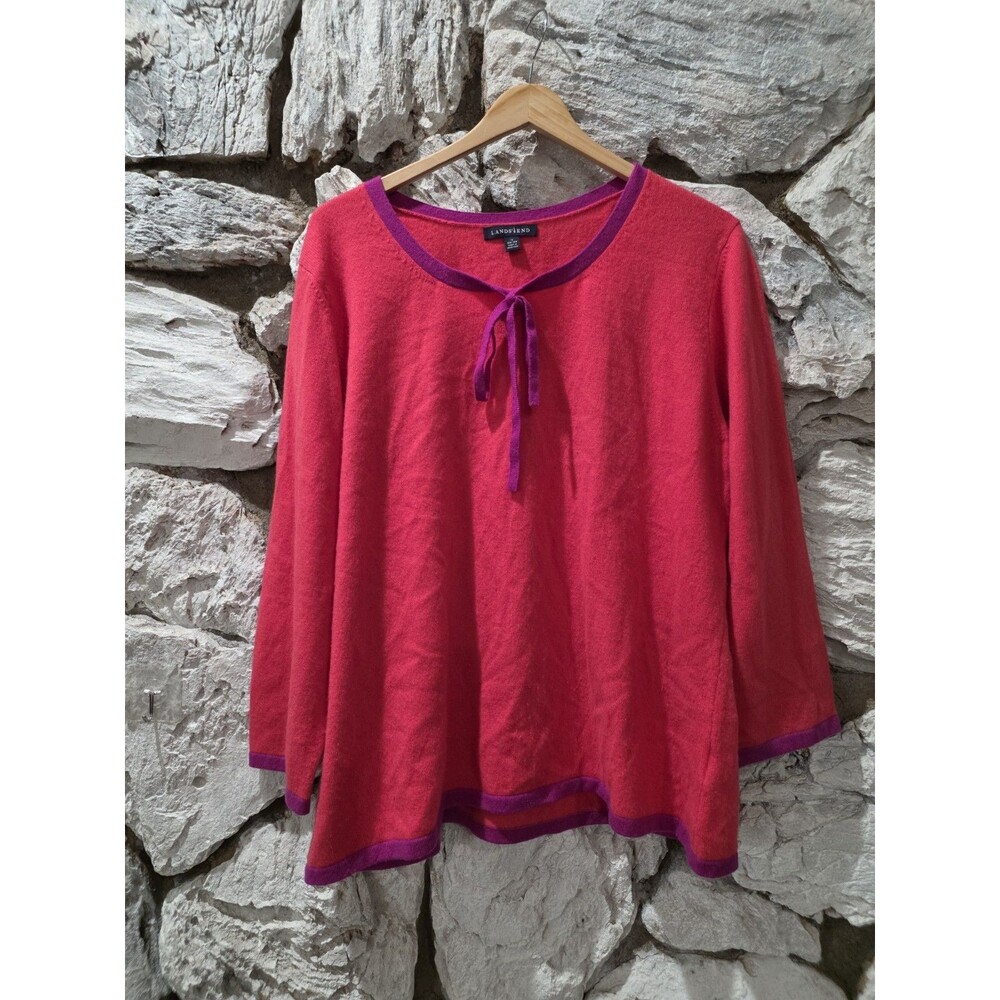 Lands End Cashmere 1X Bow Tie Sweater Pink Long Sleeve Top Women's Pullover